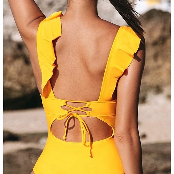 NWT Cupshe Ruffle Ruffled One Piece Swimsuit Bathing Swim Suit Yellow - Picture 7 of 13